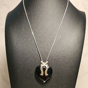Vintage Sterling Silver Onyx Bow Heart Necklace Pendant 20"